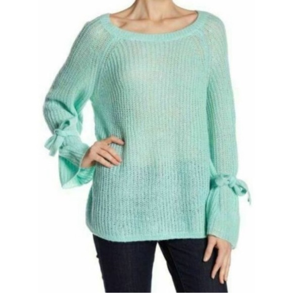 Project Naadam Sweater Pullover Bell Sleeve Tie Mint Green Open Knit Acrylic M3 - Picture 1 of 8